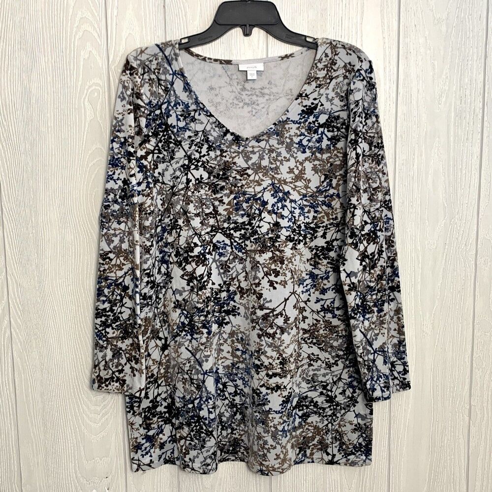 Pure Jill Gray Blue Brown V-Neck Long Sleeve V-Neck Velour Top Size Small